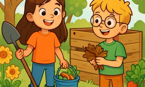 Een 10-jarig meisje, Sofia, met lange bruine haren en nieuwsgierige sprankelende ogen, glimlacht vrolijk terwijl ze een schep en een emmer vasthoudt, klaar om compost te maken. Naast haar kijkt haar vriend Max, een 10-jarig jongetje met blond haar en ronde bril, enthousiast toe terwijl hij een handvol dode bladeren vasthoudt. Ze staan in de tuin van de boerderij, omringd door kleurrijke bloemen en groene groenten, met een grote houten compostbak op de achtergrond. De zonneschijn valt door de bomen en creëert een warme en vrolijke sfeer. Sofia en Max verzamelen keukenafval en bladeren om compost te maken, wat hun inzet voor het beschermen van de planeet laat zien terwijl ze samen plezier hebben.