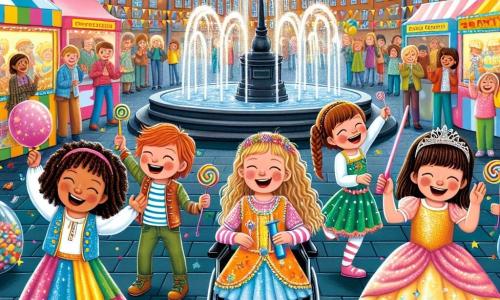 Quattro amiche di nove anni si trovano al centro di una piazza animata. Sofia, con i capelli ricci e un grande sorriso, indossa un costume da pirata colorato e brandisce una spada di plastica. A destra c'è Giulia, bionda e liscia, vestita da fata con ali scintillanti, che ride felicemente. A sinistra, Martina, con capelli castani e un bel vestito rosa, si trova sulla sua sedia a rotelle decorata con fiori, applaudendo con entusiasmo. Infine, Alessia, con i capelli rossi intrecciati, indossa un costume da clown e gioca con palline colorate. La scena è in una piazza centrale vibrante, adornata di festoni multicolori e palloncini, con artisti di strada sullo sfondo e bambini che danzano e ridono intorno a una grande fontana. Le quattro amiche stanno per salire sul palco per un concorso di talenti, pronte a cantare e ballare insieme davanti a un pubblico entusiasta.