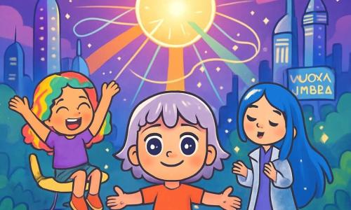 Ci sono 3 personaggi: Mira, una ragazza di 10 anni con occhi brillanti come stelle e capelli corti di metallo argentato, al centro con le braccia aperte e un sorriso determinato; Lila, una ragazza di 9 anni, gioiosa, con capelli ricci e colorati arcobaleno, seduta sulla sua sedia volante, fluttuando leggermente sopra il suolo con le braccia alzate in segno di gioia; Sora, una ragazza di 11 anni con lunghi capelli blu e un mantello argentato scintillante, a destra di Mira, che canta dolcemente circondata da piccole luci magiche che danzano attorno a lei. Il luogo è una grande piazza della città di Nuova Ombra, circondata da torri futuristiche scintillanti e da un magnifico boschetto incantato, con un cielo pieno di nuvole viola e stelle brillanti, mentre una grande sfera luminosa fluttua al centro della piazza, emettendo raggi di luce colorata che illuminano tutto intorno. La situazione principale mostra le tre amiche unite, pronte a risolvere un conflitto tra robot e maghe, con lampi di luce magica e fili di metallo che si incrociano, simboleggiando l'armonia tra tecnologia e magia.