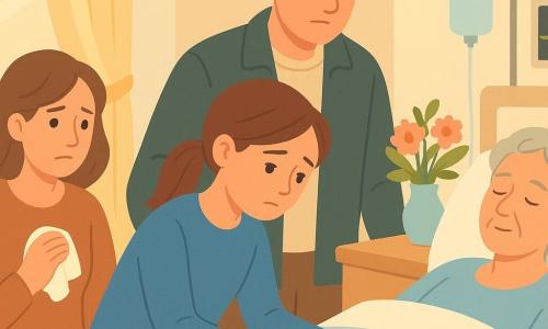 Ragazza di 12 anni, volto rotondo, capelli castani medi raccolti in coda bassa, espressione tenera e triste, occhi lucidi, che applica delicatamente un post-it giallo sul bordo del comodino con la scritta grazie per la tua vita, indossa maglione blu e jeans; padre circa 40 anni in piedi a destra con mano calda sulla spalla, sguardo serio e protettivo, giacca informale; madre circa 38 anni seduta a sinistra, viso stanco ma dolce, stringe un fazzoletto, guarda la nonna; nonna circa 80 anni nel letto d'ospedale, capelli grigi curati, coperta azzurro pallido, volto calmo e occhi semiclosi, monitor e flebo discreti sullo sfondo; stanza d'ospedale luminosa e pulita, pareti crema, grande finestra con tenda leggera che filtra luce dorata, vaso di fiori e piccolo quaderno blu con occhiali sul comodino; scena intima e silenziosa, gesto centrale, atmosfera dolce con colori caldi pastello, stile vettoriale netto con contorni arrotondati e texture piatte.
