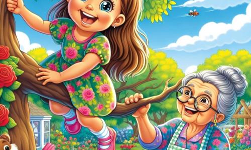 Una bambina di 5 anni, Sofia, con lunghi capelli castani e occhi scintillanti di gioia, scala con entusiasmo un grande albero nel giardino dei suoi nonni. Indossa un vestito colorato a fiori e un grande sorriso illumina il suo volto, mostrando la sua eccitazione e curiosità. Nelle vicinanze, sua nonna, una donna di circa 70 anni con capelli grigi raccolti e occhiali rotondi, osserva Sofia con un sorriso benevolo, tenendo un vassoio di biscotti freschi. Si trova vicino a un tavolo di legno, circondata da fiori colorati. Il giardino è incantevole, pieno di rose rosse, tulipani gialli e un piccolo stagno dove le rane saltano allegramente. Il cielo è blu con alcune nuvole bianche e il sole splende, creando un'atmosfera calda e accogliente. La scena principale mostra Sofia, piena di energia, che scala un ramo dell'albero, pronta a esplorare il mondo che la circonda, mentre sua nonna la incoraggia con tenerezza, creando un momento magico tra di loro.