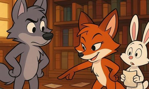 Um jovem lobo chamado Lobinho, com uma pelagem cinza suave e olhos curiosos, está diante de uma grande estante de biblioteca, com um ar pensativo e determinado. Ao seu lado, uma raposa chamada Clara, com pelagem ruiva brilhante e olhos travessos, aponta para uma pista no chão, com um sorriso de canto no rosto. Um coelho branco, Tito, com longas orelhas em pé e um olhar surpreso, segura um pedaço de papel úmido, ficando ligeiramente para trás. Ao fundo, uma antiga biblioteca de madeira, cheia de livros coloridos, com uma luz suave filtrando pelas janelas, criando uma atmosfera acolhedora e misteriosa. A situação principal mostra os três amigos detetives descobrindo uma pista crucial para resolver o mistério, cercados por livros desarrumados e folhas de papel flutuando levemente no ar.