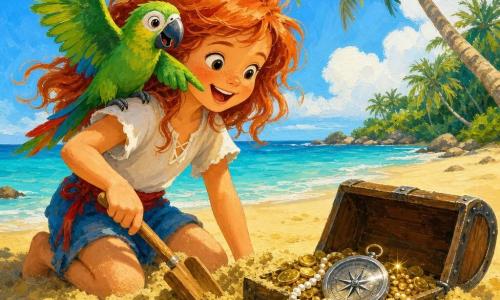 Marina, joven valiente con cabello pelirrojo ondulado, sonríe mientras cava con una pequeña pala de madera en la arena dorada; Pepe, un loro macho verde en su hombro derecho, bate las alas y señala con el pico un cofre de madera medio enterrado, abierto y lleno de monedas de oro, collares de perlas y una gran brújula plateada que brilla; todo en una pequeña isla tropical de arena fina, palmeras inclinadas, agua turquesa y cielo azul con nubes, en un momento alegre de descubrimiento con colores cálidos y formas suaves para niños.