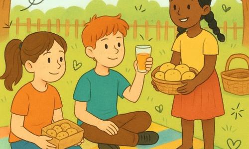 Marta, 10 anos, tímida mas sorridente, rosto redondo com poucas sardas, cabelo castanho preso em rabo de cavalo, olhos doces, segura uma caixa de biscoitos e olha os amigos com expressão curiosa; Samuel, ~10 anos, cabelos ruivos bagunçados, pele clara, olhar amável, sentado ao lado dela fazendo um brinde com copo de suco; menina brasileira ~10 anos, pele morena, cabelos pretos trançados, segurando um cesto de pão de queijo e oferecendo aos outros; Inês, professora na casa dos 30, cabelos curtos castanhos, sentada em uma manta sorrindo e distribuindo pulseirinhas coloridas; local: jardim da escola ensolarado com grama verde, sombras de árvores, mantas coloridas, cestos e cartazes na cerca; cena: piquenique acolhedor com crianças de origens diversas compartilhando comidas, rindo e trocando pulseiras de amizade; estilo: ilustração infantil plana e colorida, texturas de papel, traços suaves, paleta vibrante (amarelo, verde, coral) com doodles leves ao redor.