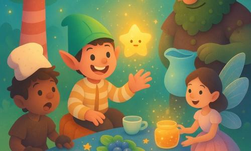 Pipwick, a recognizable elf (pointed ears, small, mint-green leaf hat) beams mischievously with twinkling eyes, wearing a cream-and-caramel striped jacket, seated on a hollowed pumpkin chair reaching toward a small glowing baby star that floats above the table and scatters stardust like tiny luminous confetti; Bramble the goblin (small boy, tousled hair, mismatched mittens) sits to Pipwick’s left, surprised and joyful, holding a slice of cloud bread used as a hat; Mira the fairy (slender girl, iridescent translucent wings, flower-petal dress) floats slightly above her chair to the right, laughing and holding a jar of sparkling jam; Old Mossbeard (tall bearded troll with moss and stitched buttons on his tunic) stands behind the table, smiling and pouring moonmilk into shell cups. The setting is a clearing beneath peppermint trees with red-and-white striped trunks, a starry tablecloth on a candy-wood table, leaf tableware, thimble cups, firefly garlands and a cloud of star particles; the scene is a surprise feast in which the little star thanks Pipwick by turning the food (cloud bread, moon berries, laughing jam) into sparkling versions, with soft lighting, warm pastel colors, fluffy shiny textures, and an overall mood of joy, wonder and camaraderie.