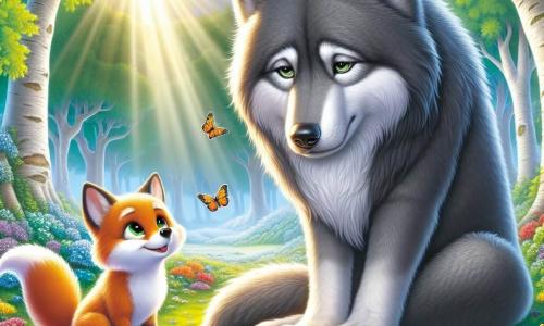An illustration depicts a large, silky gray wolf with soft, sad eyes sitting in a clearing surrounded by colorful flowers, gazing melancholically at the ground with its ears slightly drooping. Nearby, a small, bright orange fox with sparkling eyes approaches the wolf with an encouraging smile, determined to help his new friend feel loved. The enchanted clearing is bathed in golden light, featuring majestic trees with vibrant green leaves and multicolored flowers dancing in the breeze. Sun rays filter through the branches, creating a play of shadows and light on the ground. The main scene shows the sad and lonely wolf, while the fox offers friendship and play, illustrating a moment of tenderness and hope. Additional elements include butterflies fluttering around, birds singing in the trees, and a basket of colorful fruits on the grass, symbolizing the start of a beautiful friendship.