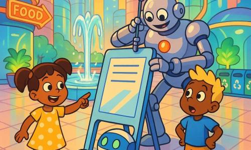 Four characters: Mia, ~6, brown pigtails, yellow polka-dot dress and red sneakers, left of the sign smiling and pointing; Leo, ~6, blond crew-cut, blue T-shirt and khaki shorts, right of the sign with hands on hips, amazed; Beep, a small round white robot with blue stripes and green glowing eyes, rolling at the sign’s base making “beep”; Robo, a large shiny silver robot with rounded joints and an orange chest light, behind the sign tightening a screw. Setting: futuristic urban plaza with pearly paved floor, glass fountain, curved colored glass skyscrapers, and glowing potted plants. Scene: the children and Beep watch Robo fix a crooked sign near the fountain at sunset, surfaces reflecting warm colored light, joyful clean atmosphere, composition centered on the sign with characters in a semicircle.