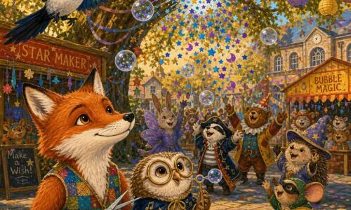 Calm, focused anthropomorphic fox with bright russet fur and white patches, wearing a small colorful patchwork vest, holding silver scissors and a basket of sparkly blue confetti, serenely smiling as it cuts paper stars at a small table in the foreground; a small round owl with oversized bronze-rimmed glasses and a music-embroidered cape, proud yet nervous, gently blowing bubbles with a wand beside the fox; a blue-iridescent feathered magpie in a black top hat, wings raised and beak open in wonder, flying above to the left; background a schoolyard turned carnival under a wide oak with multicolored ribbon garlands, hanging paper lanterns, red-and-yellow wooden stalls, cobbled ground with hopscotch, and a banner reading LET JOY TUMBLE OUT in warm golden late-afternoon light; translucent bubbles filled with tiny glowing confetti (blue stars, purple moons, golden circles) rise and softly pop over the crowd, showering sparkling paper as a central bubble bursts in a cascade while costumed animals applaud and laugh in the background.