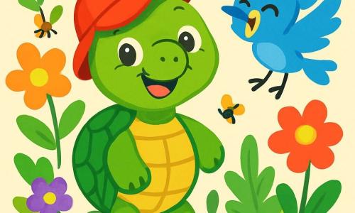 A joyful turtle with a shiny green shell and sparkling mischievous eyes stands on its little legs, wearing a big smile. It sports a funny red hat that slightly covers its eyes. Next to it, a bright blue bird with vibrant feathers and a playful beak flies in circles, laughing and singing. They are in a lush garden filled with colorful flowers, green leaves, and dancing insects. The turtle has just righted itself after being flipped over, ready to have fun for the day, while the bird gives it a knowing wink.