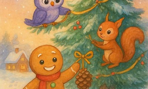 O personagem principal é um alegre homem-biscoito que oferece uma pinha decorada para pendurar na árvore; uma pequena coruja violeta chamada Violeta, de grandes olhos, está empoleirada num ramo acima prendendo uma fita dourada; um esquilo ruivo chamado Léo, vivaz e sorridente, agarra‑se ao tronco ao lado segurando um raminho brilhante que coloca alto no pinheiro; o cenário é uma colina nevada ao crepúsculo com um grande pinheiro coberto de neve, pegadas na neve, bagas vermelhas, guirlandas e uma casinha de pão de mel iluminada ao fundo; flocos caindo, luz quente e atmosfera mágica e terna, apropriada para crianças.