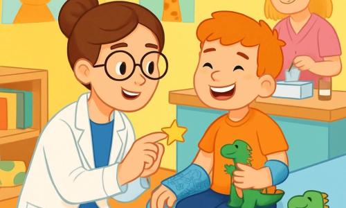 Dr. Lily is a smiling woman with brown hair in a bun and round glasses. She wears a spotless white coat and a blue dress, looking gentle and reassuring. She is crouched next to Tommy, an 8-year-old boy with a big smile and a blue cast decorated with drawings from friends. Tommy is sitting on an examination table, holding a dinosaur toy in his free hand. The setting is a colorful clinic with yellow walls and cheerful animal illustrations. Toys are scattered on the floor, and books are arranged on shelves. The main scene shows Dr. Lily comforting Tommy after he fell from the slide. She speaks kindly to him, showing a star-shaped sticker, while Nurse Amy, a woman in her thirties with blonde hair and a pink coat, prepares medical supplies nearby.