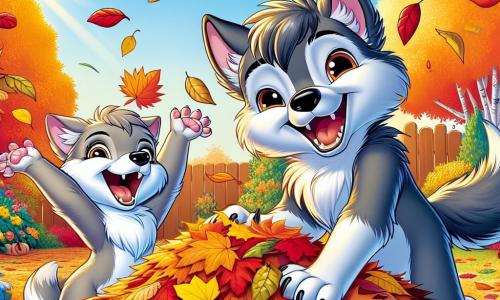 Ein kleiner Wolf namens Leo mit weichem grauem Fell und funkelnden Augen springt in einen großen Haufen bunter Herbstblätter und drückt immense Freude und Staunen aus. Neben ihm lacht seine Cousine Mia, eine kleine Wölfin mit hellbraunem Fell und spitzen Ohren, während sie Blätter in die Luft wirft, ihre Augen strahlen vor Glück. Im Hintergrund ist ein warmer Garten mit Bäumen, deren Blätter golden, orange und rot sind, unter einem klaren, sonnigen blauen Himmel. Die Szene vermittelt eine fröhliche und festliche Atmosphäre, die den Moment zeigt, in dem Leo und Mia Spaß beim Spielen in den Herbstblättern haben, umgeben von der Schönheit der Natur.
