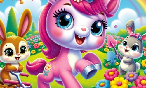 Lila, ein kleines Einhorn mit rosa Fell und einem glitzernden Horn, springt fröhlich in einem bunten Garten, ihre Augen leuchten vor Glück, während sie die blühenden Blumen um sich bewundert. Neben ihr lächelt Benny, ein kleiner Hase mit großen Ohren und braunem Fell, während er eine kleine Schaufel hält, bereit, Samen zu pflanzen, während Mia, eine kleine graue Maus, mit staunenden, neugierigen Augen zuschaut. Der Garten ist voller strahlender Blumen in allen Farben, mit Schmetterlingen, die in der Luft fliegen, und einem klarblauen Himmel im Hintergrund. Die Szene zeigt Lila und ihre Freunde, die gemeinsam Samen pflanzen und freudig den Frühling feiern.