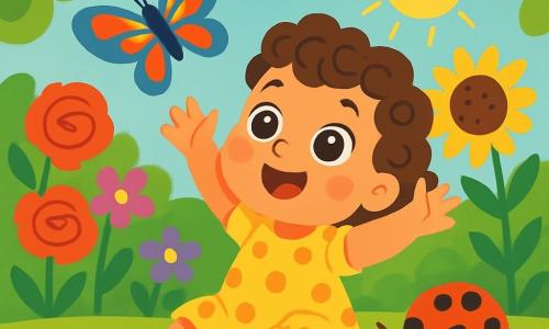Una bambina di 2 anni, con grandi occhi brillanti e capelli ricci, è seduta sull'erba verde, con un sorriso meravigliato sul volto. Indossa un vestito giallo a pois e alza le braccia verso il cielo, come se volesse volare. Accanto a lei, una coccinella rossa con punti neri cammina lentamente su una foglia, aggiungendo un tocco di colore alla scena. Sullo sfondo, un giardino splendente è pieno di fiori colorati: rose rosse, girasoli gialli e delicate violette, creando un'atmosfera gioiosa e vivace. La luce del sole filtra tra le foglie degli alberi, proiettando ombre morbide sul terreno. La bambina osserva una farfalla colorata, con ali blu vivo e arancione, che vola intorno a lei, danzando tra i fiori. La scena cattura un momento magico di scoperta e meraviglia, dove la curiosità dell'infante si risveglia di fronte alla bellezza della natura.
