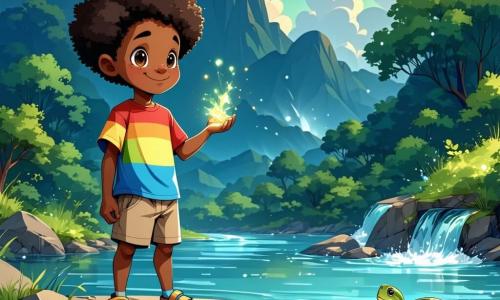 Kofi, een jonge Ghanese jongen van ongeveer 12 jaar, staat aan de oever van een brede rivier, zijn gezicht verlicht door een mix van opwinding en vrees. Hij heeft kroeshaar en heldere ogen die van intelligentie stralen. Hij draagt een kleurrijk t-shirt en een lichte broek, en in zijn handen houdt hij een klein glinsterend voorwerp dat door een wijze schildpad is gegeven. Dichtbij komt de Rivièrebewaker, een mooie watervrouw van ongeveer dertig jaar, uit het water omhoog, haar huid glinsterend als vissen schubben. Ze heeft lange golvende haren die om haar heen drijven en glimlacht vriendelijk naar Kofi, klaar om hem een uitdaging voor te leggen. De omgeving is een weelderige jungle, met majestueuze bomen en felgroene bladeren, terwijl kleurrijke bloemen de grond sieren. De brede, woelige rivier weerspiegelt de blauwe lucht met witte wolken van de ochtend. De belangrijkste situatie toont Kofi tegenover de Rivièrebewaker, klaar om het mysterie van een raadsel op te lossen om de rivier over te steken en zijn zoektocht naar de tempel van wijsheid voort te zetten.