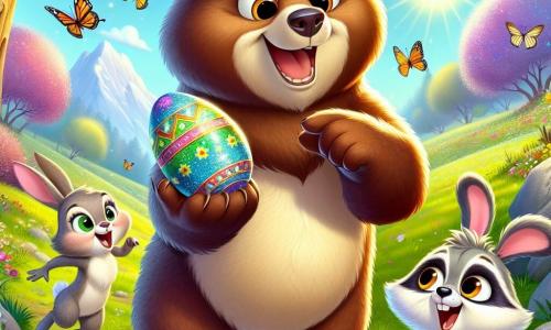 Un gran oso pardo llamado Bruno, con un pelaje suave y ojos chispeantes de curiosidad, se encuentra en el centro de la imagen, sosteniendo un huevo de Pascua colorido y brillante, mostrando una amplia sonrisa de alegría y emoción. A su lado, una pequeña liebre llamada Lila, con grandes orejas y pelaje beige, salta de felicidad, sus ojos desorbitados por el asombro, mientras señala al cielo riendo. Un mapache llamado Tito, con pelaje gris y ojos traviesos, está sentado sobre una piedra, leyendo un viejo pergamino, con aire concentrado e intrigado. El decorado es un hermoso claro primaveral, lleno de flores coloridas, mariposas revoloteando y un gran árbol majestuoso al fondo, cuyas hojas brillan bajo el sol. La situación principal muestra a Bruno y sus amigos descubriendo el valioso huevo de Pascua, rodeados de la magia de la naturaleza, listos para celebrar su aventura juntos.