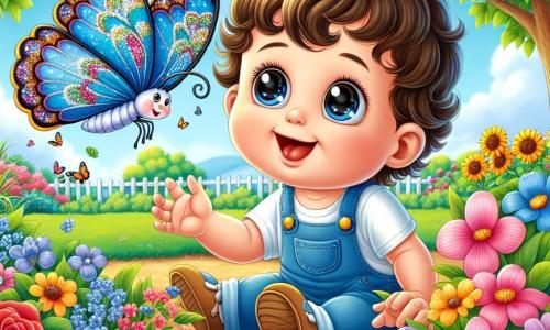 Un bambino di un anno, di nome Luca, con grandi occhi brillanti e capelli castani ricci, è seduto in un giardino colorato. Sorridendo meravigliato, tende la mano verso una bellissima farfalla blu che vola intorno a lui. La farfalla, con ali delicate decorate da motivi scintillanti, sembra danzare nell'aria, aggiungendo un tocco di magia alla scena. Il giardino è pieno di fiori dai colori vivaci: rose rosse, girasoli gialli e violette. Alberi verdi circondano il giardino, e il cielo è di un blu brillante, punteggiato da nuvole bianche e soffici. In questa scena, Luca scopre la bellezza della natura e la magia dell'amicizia, mentre cerca di afferrare la farfalla ridendo gioiosamente.
