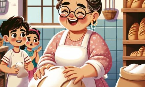 Doña Clara, una mujer de mediana edad con cabello castaño recogido y gafas redondas, sonríe alegremente mientras amasa una gran bola de masa en su panadería. Lleva un delantal blanco manchado de harina y tiene mejillas sonrojadas, lo que refleja su entusiasmo por hacer pan. A su lado, Miguel, un niño de diez años con cabello castaño y ojos brillantes, observa con asombro, sosteniendo un saco de harina en sus manos. Ana, una niña de nueve años con trenzas y un vestido colorido, se encuentra justo detrás de él, impaciente, sosteniendo un pequeño paquete de levadura. La panadería es cálida y acogedora, con paredes de ladrillo rojo, estanterías llenas de panes dorados y ventanas que dejan entrar la luz del sol, llenando el aire con el aroma de pan fresco y dulces. La escena principal muestra a Doña Clara enseñando a los niños cómo hacer pan, con risas y harina volando en el aire, creando una atmósfera alegre y mágica de compartir y aprender.