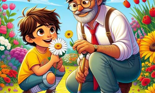 Un niño de 4 años, Miguel, con cabello castaño desordenado y ojos brillantes de curiosidad, está en medio de un jardín colorido, sonriendo. Lleva una camiseta amarilla y un pantalón corto de mezclilla, agachado, oliendo una margarita blanca. A su lado está el vecino, el señor Pérez, un hombre de unos 60 años, con barba gris y gafas redondas, que sonríe sosteniendo una pequeña pala, listo para plantar semillas de girasol. El jardín está lleno de flores vibrantes, tulipanes rojos y violetas, con mariposas volando alrededor y un cielo azul claro de fondo. La escena principal muestra a Miguel descubriendo la magia de la primavera al ayudar al señor Pérez a plantar semillas, rodeado de la belleza de la naturaleza que despierta.