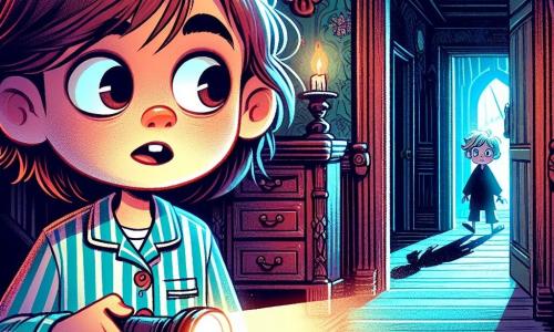 A 10-year-old girl with messy long brown hair and wide eyes filled with fear stands in a dark hallway. She wears a blue and white striped pajama, and her trembling hand holds a small flashlight that timidly lights the path ahead. In the background, a blurry silhouette of a 12-year-old boy with tousled blonde hair and a curious look observes the scene from the shadow of a slightly open door. He seems hesitant yet intrigued by the unfolding adventure. The hallway is old and dusty, with dark wooden walls, cobwebs in the corners, and a worn carpet that creaks under their feet. A flickering candle on an old dresser casts dancing shadows on the walls. The main situation shows the girl cautiously moving forward, heart racing, towards a mysterious door that slowly opens, releasing a chilling breath and a faint sound of footsteps, as if something awaits her on the other side.
