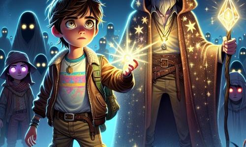 No centro da imagem, um garoto de 12 anos, chamado Theo, com cabelos castanhos bagunçados e olhos brilhantes de curiosidade, está de pé, o rosto iluminado por uma luz mágica que emana de um amuleto em forma de cristal que ele segura na mão. Ele usa uma jaqueta de couro desgastada, uma camiseta colorida e calças de lona, e sua expressão mostra determinação e admiração enquanto se prepara para enfrentar sombras ameaçadoras. À sua direita, Eldorin, uma entidade mágica na forma de um velho sábio, com uma longa barba prateada e olhos brilhantes, flutua levemente acima do chão, vestido com uma robe adornada com padrões estrelados. Ele levanta uma mão para guiar Theo, exibindo uma expressão de orgulho e encorajamento. Ao fundo, Sombros, criaturas escuras com silhuetas borradas e olhos vermelhos brilhantes, se aproximam de Theo, criando uma atmosfera de tensão. O local é uma vasta pradaria mágica, salpicada de máquinas flutuantes e cristais cintilantes, sob um céu estrelado onde constelações brilham intensamente. A situação principal mostra Theo, pronto para defender o mundo mágico e tecnológico, concentrado em seu amuleto que brilha intensamente, enquanto Eldorin o encoraja a acessar seu poder interior para repelir as criaturas das sombras.