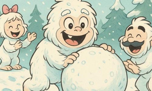 Popi, un yeti vesel și stângaci cu blană albă pufoasă, ochi mari și labe late, împinge o bulgăre uriașă de zăpadă mai mare decât el; Zizi, o femelă yeti cu o fundiță roz, râde de pe o moviliță la stânga, iar Tobi, un yeti moustăcios, stă în dreapta, aplecat și pregătit să prindă bulgărele care se rostogolește pe o poiană înzăpezită înconjurată de pini înghețați, cer pal și nori pufoși — atmosferă caldă, umoristică, culori pastel și expresii exagerate.