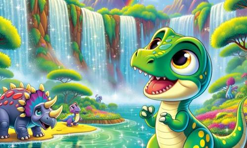 Een velociraptor genaamd Rocco, met een groene huid versierd met gele vlekken, stralende ogen en een blije lach, staat aan de rand van een prachtige waterval, met zijn poten in het glinsterende water, verwonderd door de magie om hem heen. Naast hem kijkt Trixie, een triceratops met grote hoorns en een roze huid, met bewondering naar het spektakel, haar ogen fonkelend van vreugde. Op de achtergrond glimlacht een kleine stegosaurus genaamd Spike, met kleurrijke platen op zijn rug, en wijst naar de kleuren van de waterval. De locatie is een weelderig eiland, omringd door majestueuze bergen, met bomen met schitterende bladeren en kleurrijke bloemen die dansen in de wind. De hoofdscène toont Rocco en zijn vrienden die de magie van de waterval ontdekken, waar het water sprankelende regenbogen creëert, gevuld met verwondering en vriendschap.