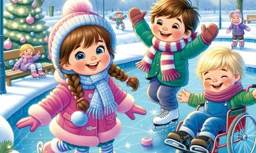 In a snowy park, three children are having fun together. Mia, an 8-year-old girl with brown hair in braids, wears a bright pink coat and a pom-pom hat. She joyfully glides on the ice with her arms in the air. Next to her, Ben, a 9-year-old boy with messy blond hair, is dressed in a blue suit and a striped scarf. He laughs while spinning around, his cheeks red from the cold. Finally, Leo, an 8-year-old boy in a wheelchair with brown hair, wears a green coat. He smiles at his friends, encouraging them to skate. 

The park is filled with sparkling snow, with frost-covered trees and a large frozen lake at the center where the children skate. The sky is bright blue, and the sun shines, creating sparkling reflections on the ice. 

The main scene shows Mia and Ben skating together while Leo, in his wheelchair, watches them with a big smile, ready to join them on the ice thanks to a snow ramp they built.