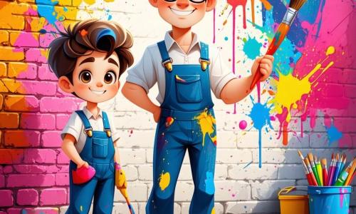 A cheerful man, Mr. Jasper, stands in front of a large brick wall, his eyes sparkling with creativity. He has curly brown hair, wears round glasses, and paint-splattered overalls. He smiles widely while holding a colorful brush, ready to add touches of color to his huge mural. Next to him, a 10-year-old boy, Ben, with messy hair and a striped t-shirt, watches in awe. He holds a small brush in one hand and a paint pot in the other, eager to join the artistic adventure. The setting is Maplewood Park, bathed in golden sunlight, with lush trees and colorful flowers surrounding the wall. Children play in the distance, and adults stroll by, creating a joyful and lively atmosphere. The scene shows Mr. Jasper and Ben painting together, transforming the wall into a vibrant mural featuring a dragon, flowers, and a rainbow, while paint droplets joyfully fall to the ground.