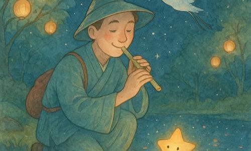 A man named Shen, with a gentle smiling face and sparkling eyes, kneels at the edge of a pond playing a small jade flute with a serene, kind expression as a fallen star, anthropomorphized as a timid golden firefly, trembles and rises from the water; an elegant nacreous crane hovers above the trees at right ready to help, while translucent-leaved lantern-trees line the pond casting warm orange halos, the water mirrors a starry sky dotted with gold and silver points and drifting peach petals, mossy stones and a weathered wooden walkway frame the foreground — the scene shows Shen patiently playing a soft melody to help the star ascend, the rising light contrasting with nocturnal blues and the warm lantern tones; visual style: fine watercolor with white gel-pen star highlights and a soft palette of midnight blues, jade greens, pale gold, and brick red for the character’s pouch.
