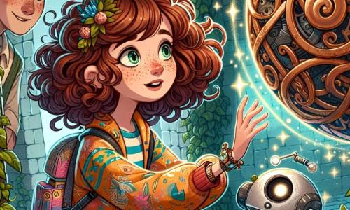 In the center of the image, a 12-year-old girl, Lila Thistlewump, stands with a look of wonder on her face. She has large auburn curls cascading around her shoulders, freckles on her cheeks, and sparkling eyes full of curiosity. She wears a colorful t-shirt adorned with magical patterns and carries a backpack filled with books, reaching out toward a gigantic bronze orb that glows with a mystical light. Next to her, a small robot named BEEP, with a shiny silver body and blinking eyes, joyfully flits around her, encouraging Lila with enthusiastic gestures. A bit further away, a 12-year-old boy named Finn, with messy hair and a confident smile, admires Lila. He wears a colorful tunic and holds a sparkling wand, ready to assist her on her adventure. The setting is a hidden courtyard surrounded by ancient brick walls covered in ivy, with a large bronze orb at the center. Fairy lights float in the air, and vibrant magical plants grow around, creating an enchanted atmosphere. The main scene shows Lila, in awe, touching the orb that emits bursts of light, while BEEP and Finn encourage her to unleash the magic within, promising an upcoming fantastic adventure.