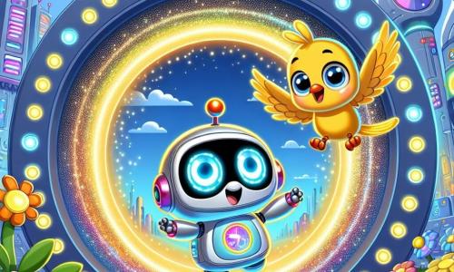 Zippy, un piccolo robot dagli occhi luminosi e dalla pancia colorata, è pieno di curiosità ed eccitazione. Si trova davanti a un grande cerchio luminoso, un portale scintillante che emette bagliori di luce, pronto a saltare dentro per viaggiare nel tempo. Accanto a lui, un uccello giallo, con piume brillanti e un sorriso amichevole, vola gioiosamente nell'aria, sembrando entusiasta e pronto a guidare Zippy in questa incredibile avventura. Lo scenario è un parco futuristico di TecnoVille, dove gli alberi sono fatti di circuiti brillanti e i fiori scintillano di colori vivaci. Il cielo è di un blu splendente, punteggiato da nuvole a forma di circuiti, e edifici metallici si ergono sullo sfondo, illuminati da neon colorati. La scena principale mostra Zippy, con le braccia alzate, pronto a tuffarsi nel portale luminoso, mentre l'uccello lo incoraggia con battiti d'ali gioiosi, simboleggiando l'eccitazione e l'avventura che lo aspettano nel viaggio nel tempo.