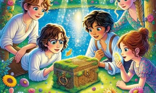 Em uma floresta encantada, quatro amigos estão juntos, cercados por flores coloridas e árvores com folhas brilhantes. Miguel, um garoto de 10 anos com cabelos castanhos e olhos brilhantes, observa maravilhado uma caixa antiga coberta de musgo, segurando uma bússola dourada na mão direita. Lúcio, um garoto de 9 anos com cabelos loiros bagunçados e óculos, se inclina para examinar a caixa, seu rosto marcado pela curiosidade e excitação. Clara, uma menina de 10 anos com cabelos longos e ondulados, vestida com um vestido florido, sorri segurando uma pequena flor luminosa, pronta para compartilhar seu entusiasmo com os amigos. Sofia, uma menina de 9 anos com cabelos curtos e castanhos, observa atentamente seu reflexo em um espelho quebrado, sua expressão séria traindo sua busca pela verdade. A cena acontece à beira de um lago cristalino, onde os raios de sol dançam sobre a água, criando reflexos cintilantes. Os amigos, reunidos em torno da caixa misteriosa, estão prestes a descobrir um globo de cristal que os transportará para uma ilha mágica, onde aprenderão lições valiosas sobre verdade e amizade.