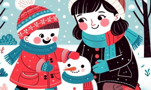 Una niña de 1 año, con una gran sonrisa, lleva un abrigo rojo brillante y botas azules. Sus mejillas están sonrojadas por el frío, y se divierte tocando un muñeco de nieve que acaba de construir, colocándole una bufanda colorida. A su lado, su mamá, una mujer de unos 30 años, tiene un rostro dulce y cálido. Lleva un abrigo negro y un gorro de lana, y sonríe mientras mira a su hija, sosteniendo una taza de chocolate caliente. El escenario es un jardín nevado, con copos de nieve cayendo suavemente del cielo. Árboles con ramas cubiertas de nieve rodean el espacio, y se ven huellas de pequeños animales en el suelo blanco. La situación principal muestra a la niña feliz jugando con el muñeco de nieve, mientras su mamá la observa con ternura, creando una escena invernal llena de felicidad y magia.