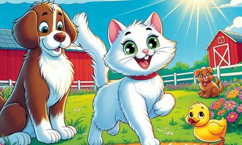Un pisoi pe nume Miau-Miau, cu o blană albă ca zăpada și ochi verzi strălucitori de năzdrăvănie, sare vesel peste o linie imaginară trasată pe pământ, cu un zâmbet mare pe față. Lângă el, un câine pe nume Bâzâ, mare și puțin stângaci, cu blană brună și urechi lăsate, se uită cu entuziasm, pregătit să participe la cursă. Nu departe, o rață mică pe nume Râcu, cu un penaj galben strălucitor și ochi curioși, se pregătește să se arunce în apă, având un aer hotărât. Scena se desfășoară într-o fermă însorită, înconjurată de câmpuri verzi și flori colorate, cu o grajd roșu în fundal și un cer albastru presărat cu nori albi pufoși. Miau-Miau, Bâzâ și Râcu sunt adunați pentru o competiție de cursă distractivă, pregătiți să pornească cu energie și să împărtășească râsete, în timp ce alte animale îi privesc cu curiozitate și entuziasm.