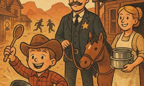 A smiling round-faced boy (about 9–10) with bright blue eyes, a worn cowboy hat, red plaid shirt and dusty boots stands foreground, enthusiastically striking a steel pan with a wooden spoon; behind him a mustached sheriff in a top hat with a shiny star holds a brown horse’s bridle, watching the hills; to their right a smiling cook with blond hair in a bun and a flour-stained white apron holds a box of shiny pans at the saloon door; two dark-outlaw silhouettes flee toward red rocky hills in the dusty main street of a small western town at dusk, oil lamps lit and golden dust flying, warm tones and newspaper-grain texture, a triumphant noisy moment as pots ring to scare off the bandits.