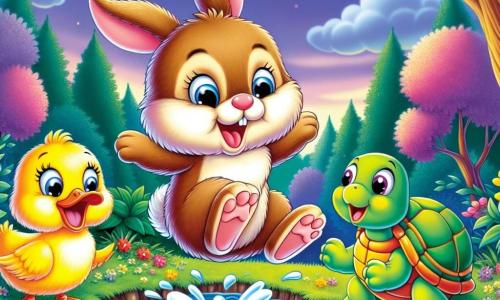 Ein kleiner, flauschiger und fröhlicher Hase namens Hoppel mit großen Ohren und einem weichen, braunen Fell platscht ins Wasser, während sein Gesicht Überraschung und Lachen ausdrückt. Neben ihm steht eine leuchtend gelbe Ente namens Quak am Ufer und lacht herzlich. Nicht weit entfernt beobachtet eine grüne, lächelnde Schildkröte namens Schnapp die Szene mit funkelnden Augen, auf einem Stein sitzend und ihre Vorderbeine zum Zeichen des Amüsements erhoben. Der Ort ist ein friedlicher Teich, umgeben von hohen Bäumen mit strahlend grünen Blättern und bunten Blumen, die das schimmernde Wasser unter dem Dämmerungshimmel säumen. Die Hauptsituation zeigt Hoppel, der ins Wasser fällt und fröhliche Spritzer erzeugt, während seine Freunde um ihn herum lachen und Spaß haben, wodurch ein kleines Missgeschick zu einem Moment des geteilten Glücks wird.