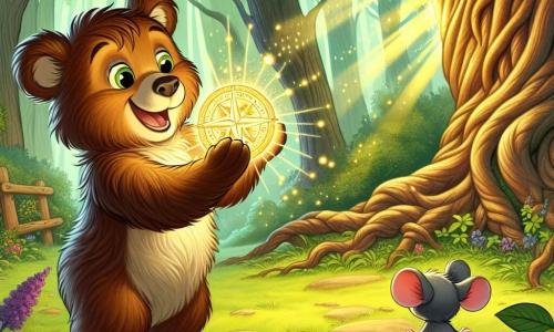 Bruno, un pequeño oso marrón con ojos brillantes de curiosidad, se encuentra en el centro de un claro del bosque encantado, sosteniendo una brújula brillante en sus patas delanteras. Su pelaje es suave y despeinado, y su rostro expresa gran emoción al descubrir un antiguo árbol majestuoso con raíces entrelazadas, iluminado por rayos de sol dorados. Cerca de él, una pequeña ratona gris llamada Mimi, con grandes ojos redondos y orejas puntiagudas, observa a Bruno con admiración. Ella está sentada sobre una piedra, con sus pequeñas patas agitadas por el entusiasmo, lista para acompañarlo en esta aventura. El lugar es un claro verde, rodeado de árboles imponentes con hojas brillantes, donde flores coloridas salpican el suelo. Una suave brisa hace bailar las hojas, creando una atmósfera mágica y acogedora. La situación principal muestra a Bruno descubriendo el corazón del bosque, fascinado por la brújula que brilla intensamente, mientras el viento parece susurrar secretos a su alrededor, invitando a los pequeños aventureros a explorar los misterios del mundo que los rodea.