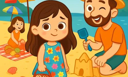 Una niña de 6 años, con largos cabellos castaños y ojos llenos de curiosidad, está en una playa de arena dorada. Lleva un vestido de flores coloridas y una gran sonrisa, aunque sus ojos muestran una ligera tristeza. Mira el mar, con las olas brillando a sus pies, sosteniendo un cubo de plástico rojo lleno de conchas. A su lado, su papá, un hombre de unos treinta años con barba ligera y sombrero de paja, le guiña un ojo mientras sostiene una pala de plástico y cava en la arena para construir un castillo. Más lejos, su mamá, una mujer sonriente con cabello castaño y un vestido ligero, prepara un picnic en un mantel a cuadros, rodeada de frutas coloridas y pasteles. El lugar es una playa soleada, con sombrillas coloridas, conchas esparcidas por la arena y suaves olas que acarician la orilla. La escena principal muestra a la niña, llena de esperanza, lista para explorar la playa y descubrir tesoros escondidos para hacer su cumpleaños inolvidable.