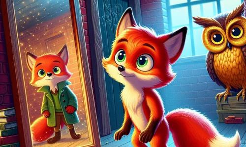 Ein kleiner roter Fuchs namens Felix, mit großen neugierigen Augen und einem Ausdruck der Verwunderung, steht vor einem alten Spiegel, dessen Oberfläche wie Sterne funkelt. Sein Fell ist glänzend und seidig, und sein buschiger Schwanz ist um seine Pfoten gewickelt. Neben ihm sitzt eine weise Eule mit goldenen Federn, die auf einem Ast sitzt und Felix mit runden, schelmischen Augen ansieht, was sowohl Neugier als auch Amüsement ausdrückt. Sie scheint bereit zu sein, Felix auf seinem Abenteuer zu führen. Die Szenerie ist ein alter Schulkeller mit roten Ziegelwänden, staubigen Regalen voller alter Bücher und gedämpftem Licht, das durch rissige Fenster fällt. In einer Ecke steht eine geheimnisvolle Holztür, die leicht geöffnet ist und einen dunklen Flur erahnen lässt. Die Hauptsituation zeigt Felix, den Fuchs, der zögerlich, aber entschlossen ist, bereit, den Spiegel zu durchschreiten, der ihn in eine magische Welt führt, während die Eule ihn von ihrem Ast aus ermutigt und eine Atmosphäre von Aufregung und Geheimnis schafft.