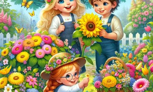 In einem blühenden Garten sind drei Kinder versammelt. Emma, ein 8-jähriges Mädchen mit blonden Haaren und funkelnden Augen, hockt neben einer schönen gelben Blume und bewundert ihre Farbe. Neben ihr hält Tim, ein 7-jähriger Junge mit braunen Haaren und runden Brillen, einen großen Korb voller bunter Blumen und lächelt begeistert. Annika, ein 6-jähriges Mädchen mit roten Haaren und Zöpfen, steht im Hintergrund mit einer Farbpalette und einem Pinsel, bereit, die Schönheit des Frühlings auf Papier festzuhalten. Der Garten ist ein lebendiges Gemälde mit Blumen in allen Farben: rosa Tulpen, gelbe Narzissen und leuchtende Veilchen. Schmetterlinge tanzen in der Luft, und ein großer grüner Baum steht majestätisch mit frischen Blättern. Die Kinder pflücken Blumen, um sie ihrer Mama zu schenken, während sie lachen und über ihre Malprojekte sprechen, um den Frühling zu feiern. Die Atmosphäre ist fröhlich und lebendig, was das Erwachen der Natur nach dem Winter symbolisiert.