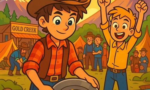 A young cowboy, Jake McCullen, a 12-year-old boy, stands by a sparkling river with tousled brown hair and bright blue eyes sparkling with excitement. He wears a worn cowboy hat, a red plaid shirt, and a leather vest, holding a metal pan in his hands, focused and determined to find gold. Next to him is his best friend Sam, also 12, tall and slim with blonde hair and a mischievous smile, encouraging him with raised arms and an enthusiastic expression. The backdrop is the town of Gold Creek, featuring colorful tents, busy prospectors, and majestic mountains bathed in the golden light of the setting sun. The scene captures the energy of a gold mining competition, with glimmers of golden light in the water and awestruck faces in the crowd. Jake and Sam are at the heart of the action, ready to take on the challenge and discover the treasure hidden in the river.