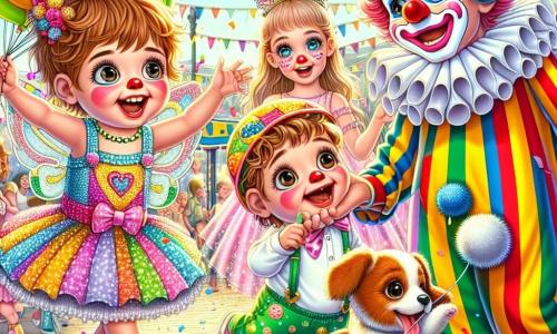 Un bambino di un anno, di nome Leo, con grandi occhi curiosi e capelli ricci castani, indossa un costume colorato da clown con motivi a righe e pompon. Salta di gioia con un grande sorriso, tenendo un palloncino a forma di cagnolino nella mano. Accanto a lui, un clown felice di circa 30 anni, con il viso dipinto di bianco e un naso rosso, indossa un costume vivace. Porge un palloncino a Leo, ridendo e facendo smorfie per divertirlo. Non lontano, una bambina di 6 anni, travestita da fata con ali scintillanti e un vestito rosa, danza graziosamente, sorridendo a Leo. La scena si svolge in una piazza animata, decorata con festoni colorati e coriandoli nell'aria, mentre la gente ride e balla, creando un'atmosfera festosa. Leo, incantato dalla magia del carnevale, è pronto a fare un giro con la fata, circondato da risate e colori vivaci, vivendo un momento di pura felicità.