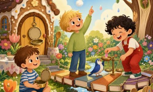 Ci sono 3 bambini: a sinistra un bambino di 5 anni, capelli corti castani, maglietta a righe blu e bianca, sguardo curioso, seduto sull'erba e tiene un vecchio sveglia rotonda senza numeri; al centro un bambino di 5 anni, capelli biondi spettinati, maglione verde chiaro, in piedi su un ponte fatto di tavole-libro, indica una nuvola a forma di punto interrogativo guardando il cielo con un piccolo sorriso; a destra un bambino di 5 anni, capelli neri ricci, salopette rossa, ride mentre posa un petalo su una piccola bilancia tenuta da un uccello su una tavola del ponte. Luogo: giardino magico diurno, erba verde luminosa, fiori colorati stilizzati, alberi con tronchi a trama di pagine, piccolo ponte di tavole-libro sospeso su un ruscello dai riflessi blu e argentati, casetta di pan di zenzero con una porta su cui è appesa la sveglia senza numeri. Situazione: i tre bambini sono riuniti vicino al ponte e alla casetta: quello a sinistra mostra la sveglia aperta, il centrale sogna guardando una nuvola di piccole domande bianche e rotonde, quello a destra deposita un petalo sulla bilancia tenuta dall'uccello; atmosfera dolce, calorosa e giocosa con piccoli dettagli ludici.