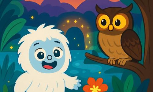 Un piccolo yeti di nome Nino, con un pelo bianco e soffice, occhi brillanti e curiosi, si trova al centro della scena, mostrando un grande sorriso di meraviglia. È circondato da fiori colorati che brillano. Alla sua destra, un vecchio gufo saggio di nome Gufi, con grandi piume marroni e occhi dorati, guarda Nino con benevolenza, seduto su un ramo. Il luogo è un magnifico pantano magico, pieno di piante lussureggianti dai colori vivaci, fiumi scintillanti e lucciole che danzano nell'aria crepuscolare. Nino e Gufi scoprono un passaggio segreto illuminato da stelle scintillanti, simbolo dell'amore e dell'amicizia che uniscono i due regni.