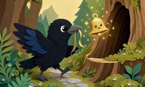 Kraai Karo met glanzende zwarte veren met blauwe schakeringen, een zacht nieuwsgierige blik en licht geopende vleugels, vrolijk en vastberaden, houdt een dun gouden lint in zijn snavel; naast hem zweeft een klein lichtgevend gouden belletje met een glimlachend gezicht dat gele vonkjes uitzendt, net boven een holle stronk op kophoogte; scène in het Fluisterbos met dikke groene mossen, uitgesneden varens en glinsterende dauwdruppels; achter de personages een oude holle boomstronk met zichtbare jaarringen; een smal pad van zilveren stenen, het Glinsterpad, kronkelt naar de achtergrond; warme, magische maar eenvoudige sfeer, zachte contrasterende kleuren, heldere vormen en veel ruimte rond de personages voor leesbaarheid.