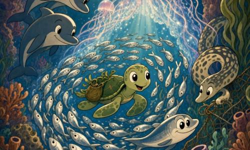Giovane tartaruga marina curiosa, espressione meravigliata e serena, carapace verde con alghe e piccole graffiature, grandi occhi lucenti, piccola sacca di alghe sul dorso, nuota dolcemente al centro di un banco di sardine argentate; una sardina guida scintillante forma una curva protettiva davanti a lei; due delfini amici sullo sfondo sinistro, silhouette lisce e sorridenti, maliziose ma protettive; medusa luminosa con velo traslucido rosa e blu e tentacoli che creano un tunnel di luce sopra la scena; murena amica Sara, corpo allungato maculato, espressione concentrata ma dolce, vicino a un tendaggio di alghe mentre libera una vecchia corda di rete; luogo: canyon sottomarino con pareti di corallo arancio, porpora e turchese, alghe ondeggianti, plancton scintillante e raggi lunari filtrati; situazione: la tartaruga scivola in un vortice a spirale di sardine, atmosfera magica e pacifica, composizione centrata sulla tartaruga con alone di pesci, toni morbidi e contrasti argentati.