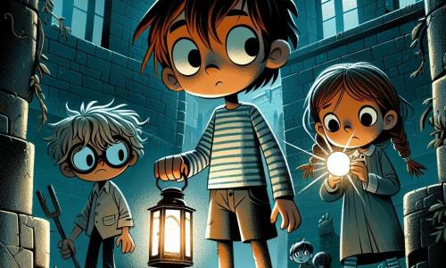 Un niño de 9 años, llamado Martín, se encuentra en el centro de la imagen, con el cabello castaño desordenado y ojos grandes y curiosos. Su rostro expresa miedo y emoción, mientras sostiene una linterna que ilumina su camino en la oscuridad. Lleva una camiseta a rayas y un short, con los pies descalzos sobre el suelo frío y húmedo del viejo castillo. A su lado, Clara, una niña de 10 años con trenzas rubias y una expresión decidida, sostiene una pequeña linterna, iluminando las sombras amenazantes que los rodean. Samuel, un niño de 9 años con gafas y una sonrisa traviesa, se encuentra un poco atrás, observando atentamente las paredes del castillo, fascinado por las antiguas inscripciones. El lugar es un viejo castillo en ruinas, con paredes de piedra gris cubiertas de hiedra y telarañas. Ventanas rotas dejan pasar rayos de luna, y el suelo está cubierto de escombros y hojas muertas, creando una atmósfera misteriosa y ligeramente inquietante. La situación principal muestra a Martín, Clara y Samuel explorando el castillo, mientras una sombra misteriosa se perfila detrás de ellos, lista para revelar los secretos enterrados en las paredes de esta antigua edificación.