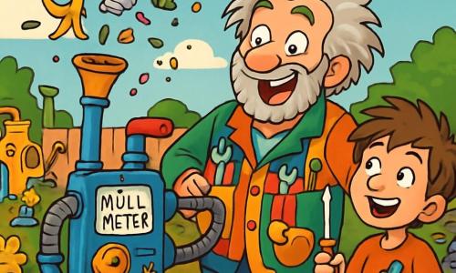 Ein etwa 60-jähriger Mann mit zerzausten Haaren und einem grauen Bart trägt eine bunte Jacke voller Werkzeuge. Sein Gesicht strahlt vor Freude und kindlicher Neugier, während er einen Prototyp eines Reinigungsmessers betrachtet. Neben ihm steht ein 10-jähriger Junge mit zerzausten braunen Haaren und einem strahlenden Lächeln, der einen Schraubendreher hält und bewundernd zu seinem Mentor schaut. Sie befinden sich in einem unordentlichen Garten, der mit seltsamen Maschinen, glänzenden Metallteilen und bunten Blumen gefüllt ist, die zwischen den Werkzeugen wachsen. Die Szene zeigt den Moment, in dem sie ihre Erfindung testen, ein Reinigungsmesser, das anstatt zu funktionieren, Müll in die Luft schleudert, was Gelächter und Überraschung auslöst.