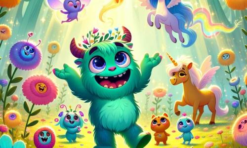 Momo, monstrul blând, este o ființă adorabilă cu blană verde smarald, ochi strălucitori ca stelele și un zâmbet larg care exprimă bucuria sa. El dansează în mijlocul unui câmp de flori colorate, cu brațele deschise, plin de entuziasm și fericire. Lângă el, Luma, spiridușul luminii, este o mică ființă strălucitoare, plutind în aer cu o strălucire aurie, aripile ei sclipind ca fluturii. Ea zâmbește uitându-se la Momo, pregătită să-l încurajeze în dansul său. Aurelia, unicornul, este un cal măreț cu o coamă aurie și un corn strălucitor, stând în apropiere, observând cu bunăvoință, pregătită să se alăture petrecerii. Decorul este un tărâm magic, plin de flori cântătoare în culori vii, copaci mari cu ramuri dansatoare și o lumină blândă care filtrează prin frunze, creând o atmosferă feerică. Situația principală arată cum Momo și prietenii săi sărbătoresc prietenia lor, dansând și râzând împreună, înconjurați de magia lumii lor încântătoare.